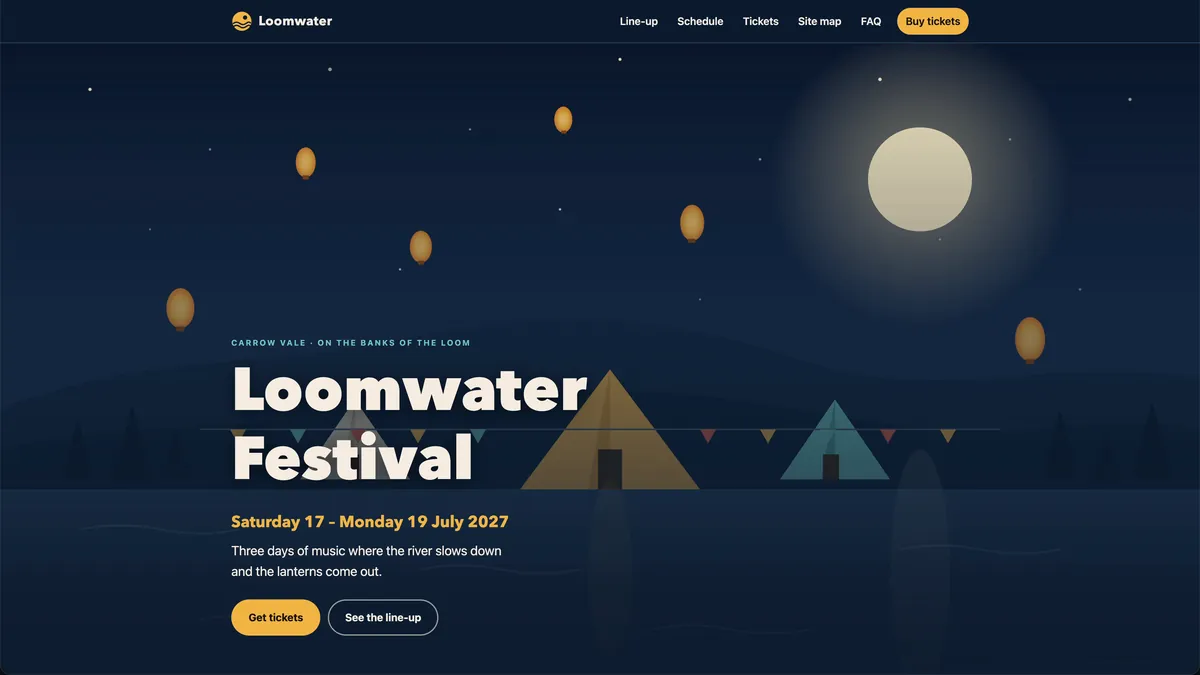 Fable's Loomwater home page: a geometric scene of tents and lanterns under the festival name