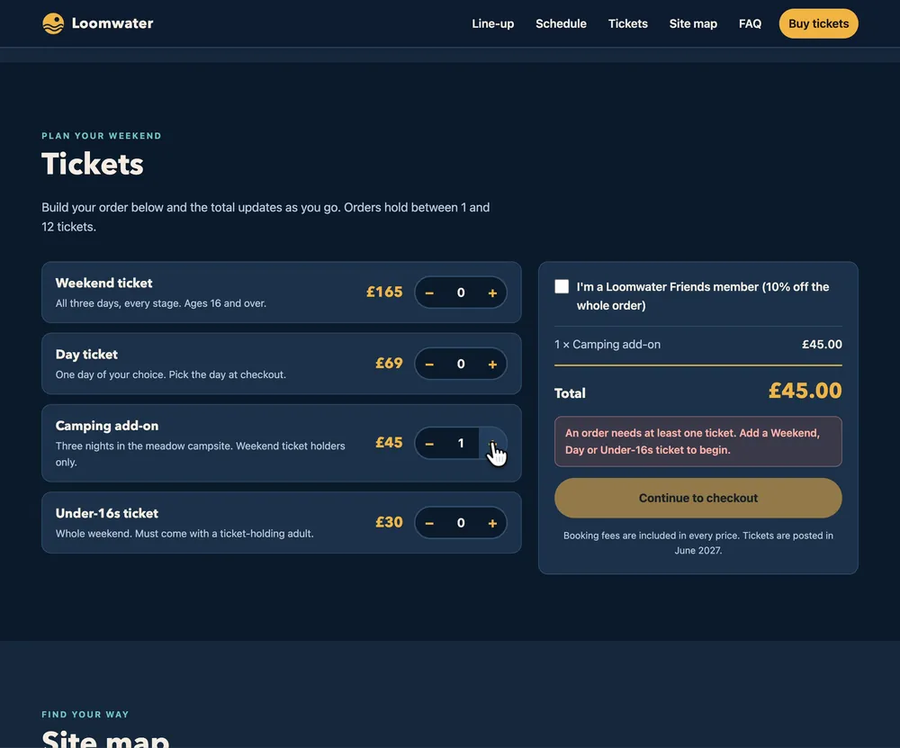 Fable's ticket calculator with camping added and no weekend ticket