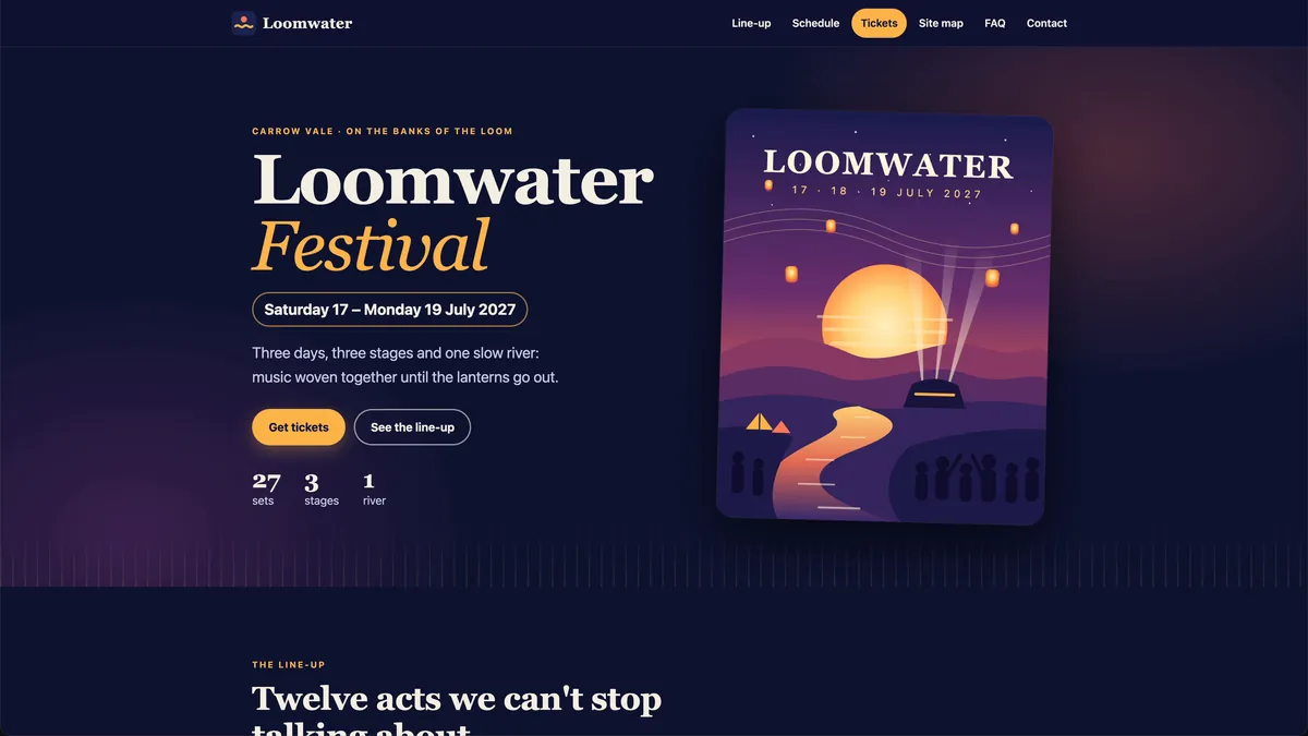 Opus's Loomwater home page: a sunset poster over a river, crowd silhouettes and lanterns