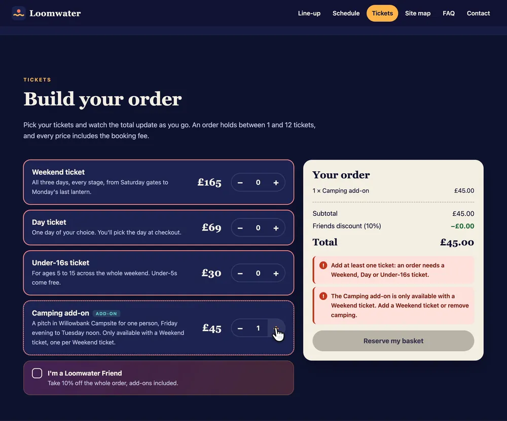 Opus's ticket calculator with camping added and no weekend ticket