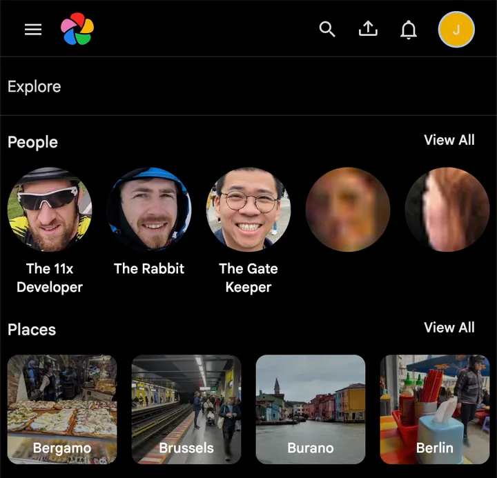 The Explore page with recognised people and places